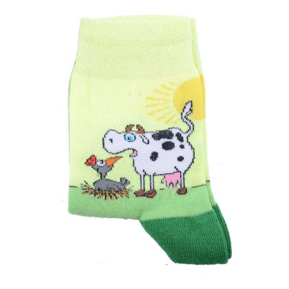Жълти детски чорапки с крава и кокошка