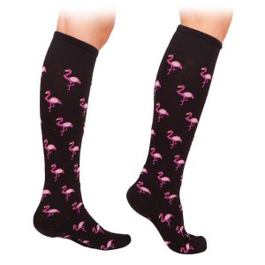 Дамски чорапи три четвърти с фламингото от пениран памук, черни на шарени точки